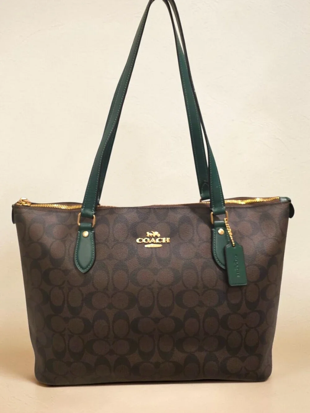 Coach CH504 Signature C Pine Green Leather Large Tote Bag Brown Gold HTF